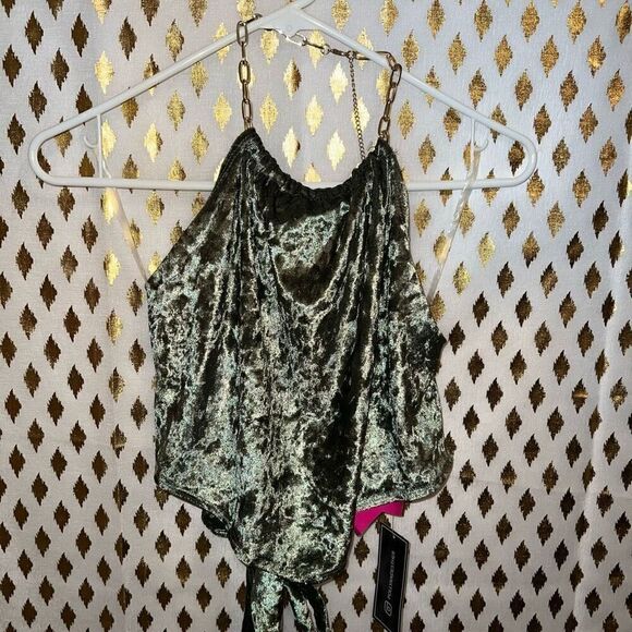NWT Just Polly green velvet chain halter top handkerchief blouse shirt size L - Picture 2 of 5